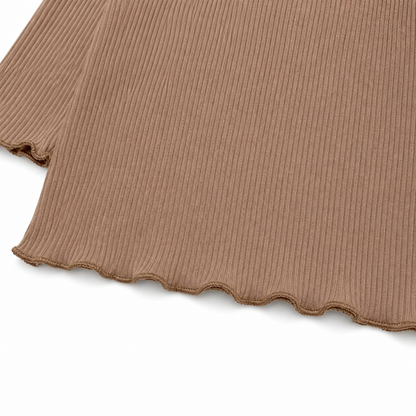 Close-up of the mocha lettuce-edge hem and ribbed knit detail.