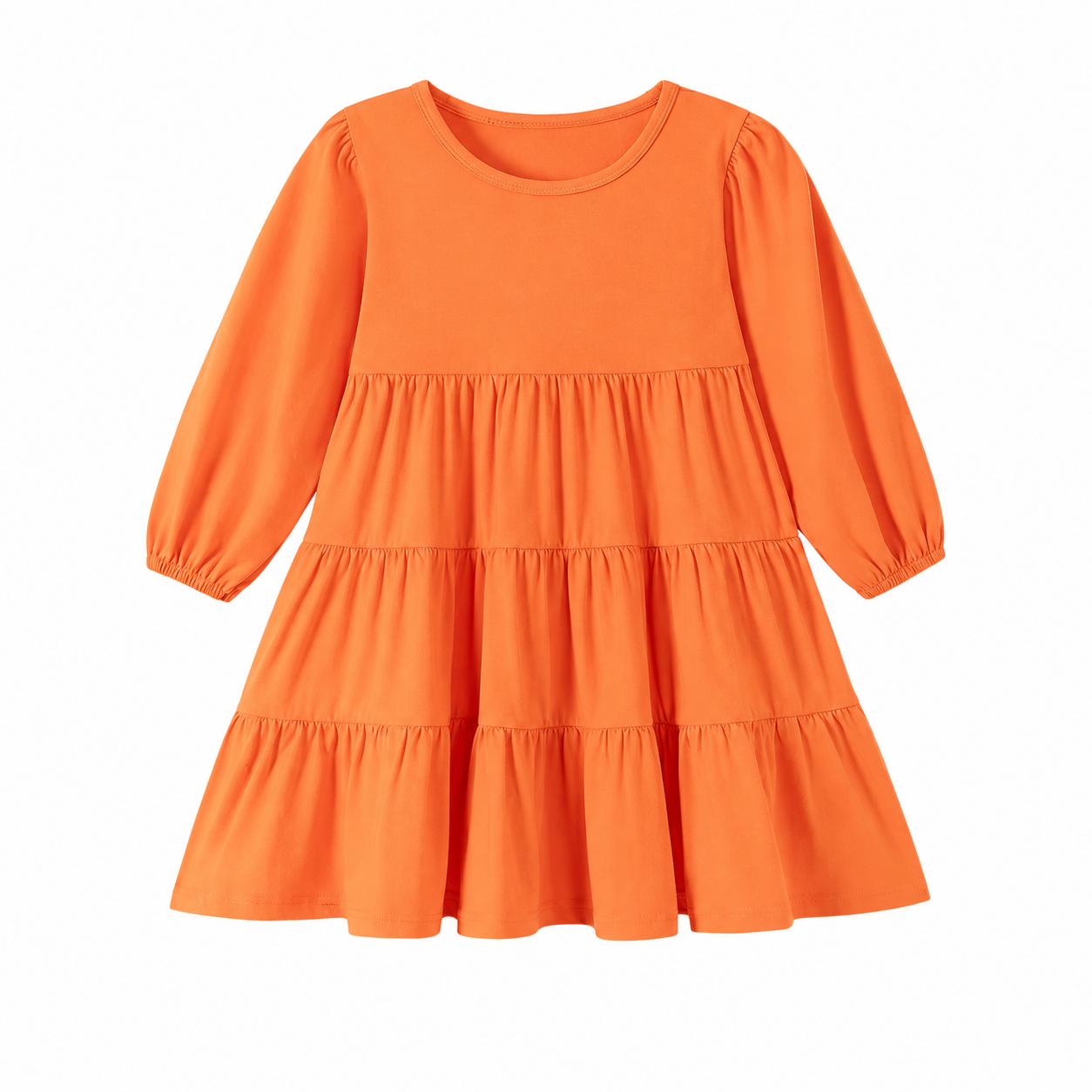 Front flat lay of the orange girls cotton tiered long sleeve dress.