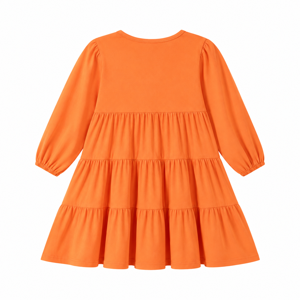 Back flat lay of the orange girls long sleeve tiered dress.