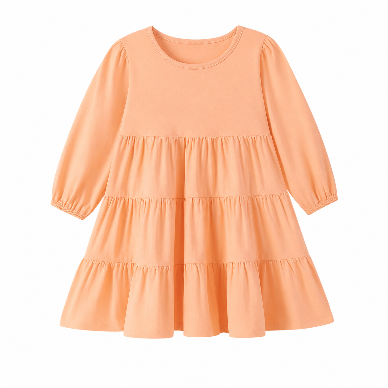 Front flat lay of the peach girls cotton tiered long sleeve dress.