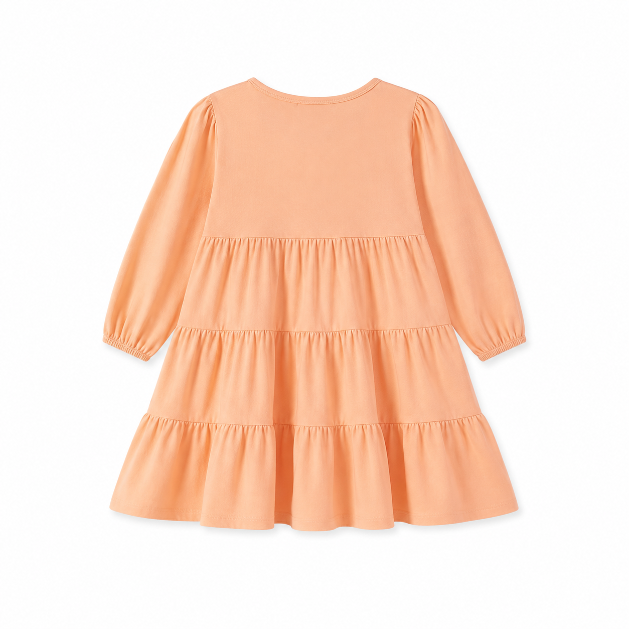 Back flat lay of the peach girls long sleeve tiered dress.