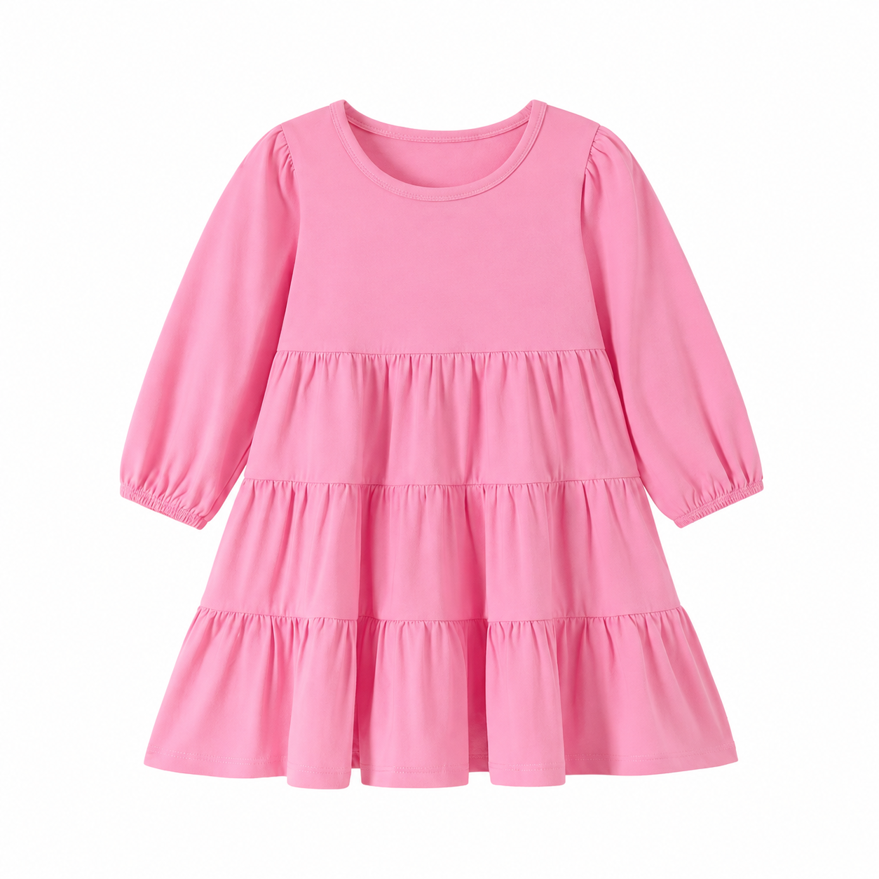 Front flat lay of the pink girls cotton tiered long sleeve dress.
