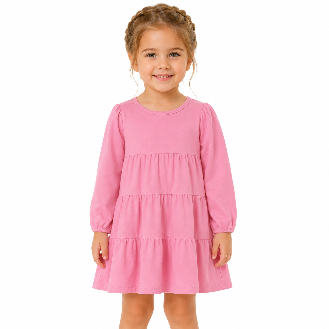 Girl model wearing the pink cotton tiered dress for everyday wear.
