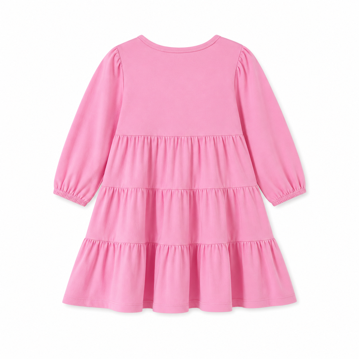 Back flat lay of the pink girls long sleeve tiered dress.