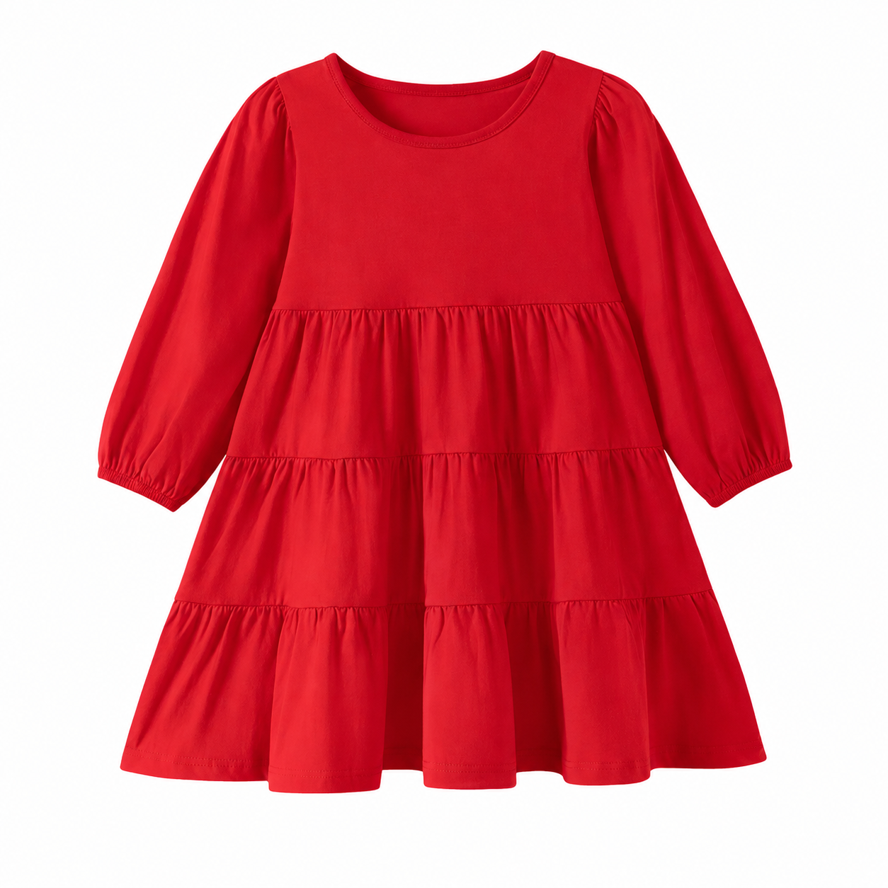 Front flat lay of the red girls cotton tiered long sleeve dress.
