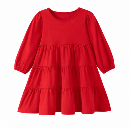 Front flat lay of the red girls cotton tiered long sleeve dress.