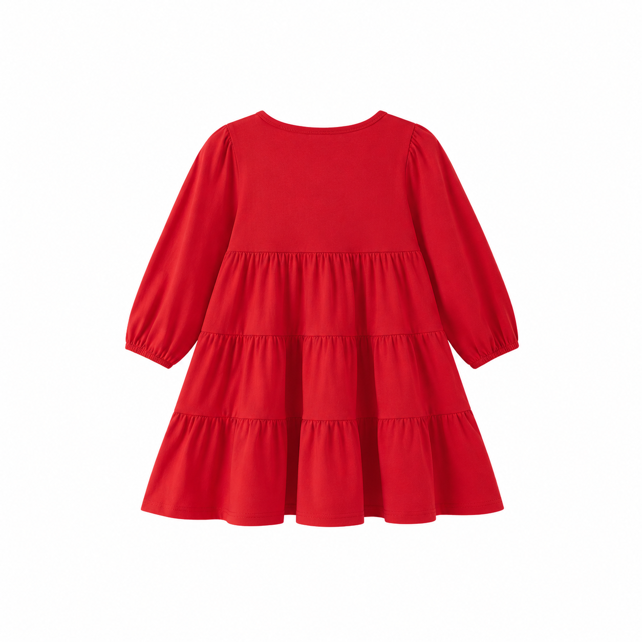 Back flat lay of the red girls long sleeve tiered dress.