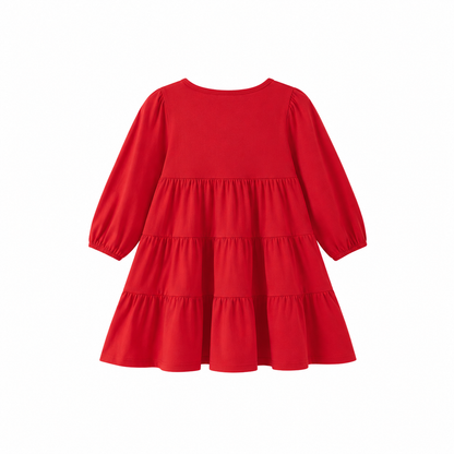 Back flat lay of the red girls long sleeve tiered dress.