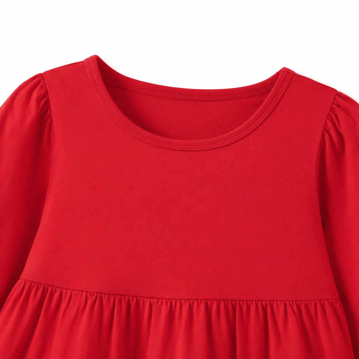 Close-up of the round neckline and gathered shoulder detail on the red girls dress.