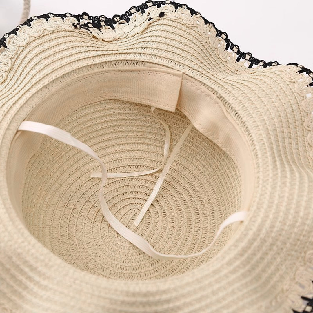 Inside detail of Willow Ribbon Girls Straw Sun Hat with soft inner band and chin strap.