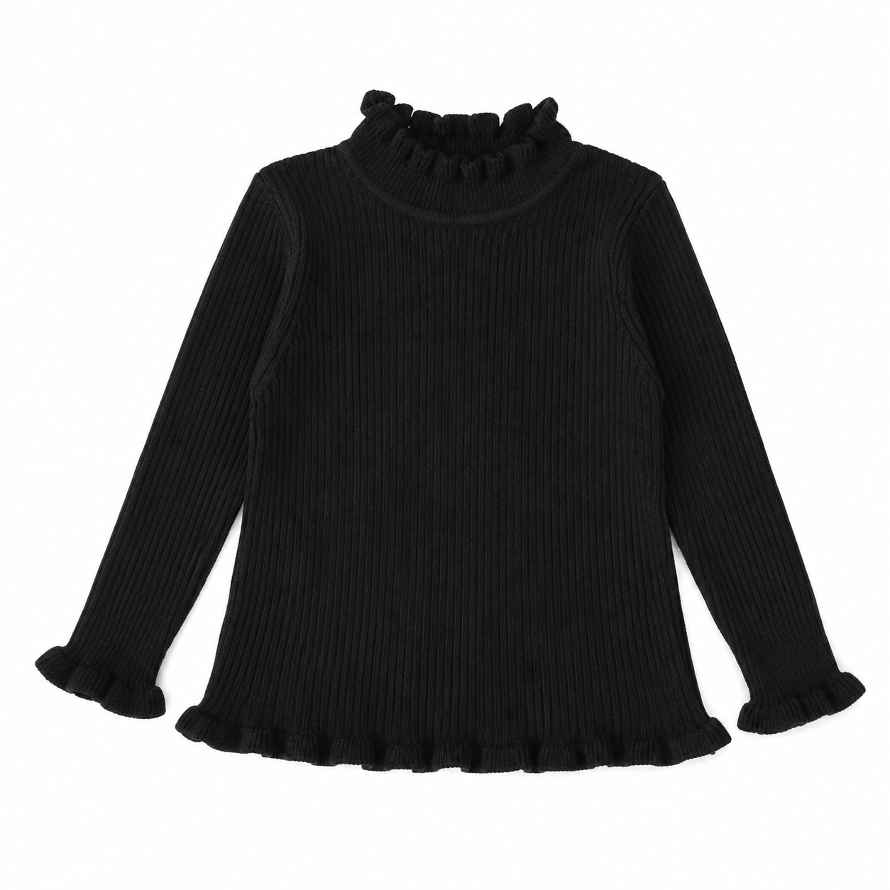 Front flat lay of the black girls ribbed long sleeve top with ruffle mock neck.