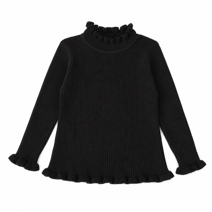 Front flat lay of the black girls ribbed long sleeve top with ruffle mock neck.