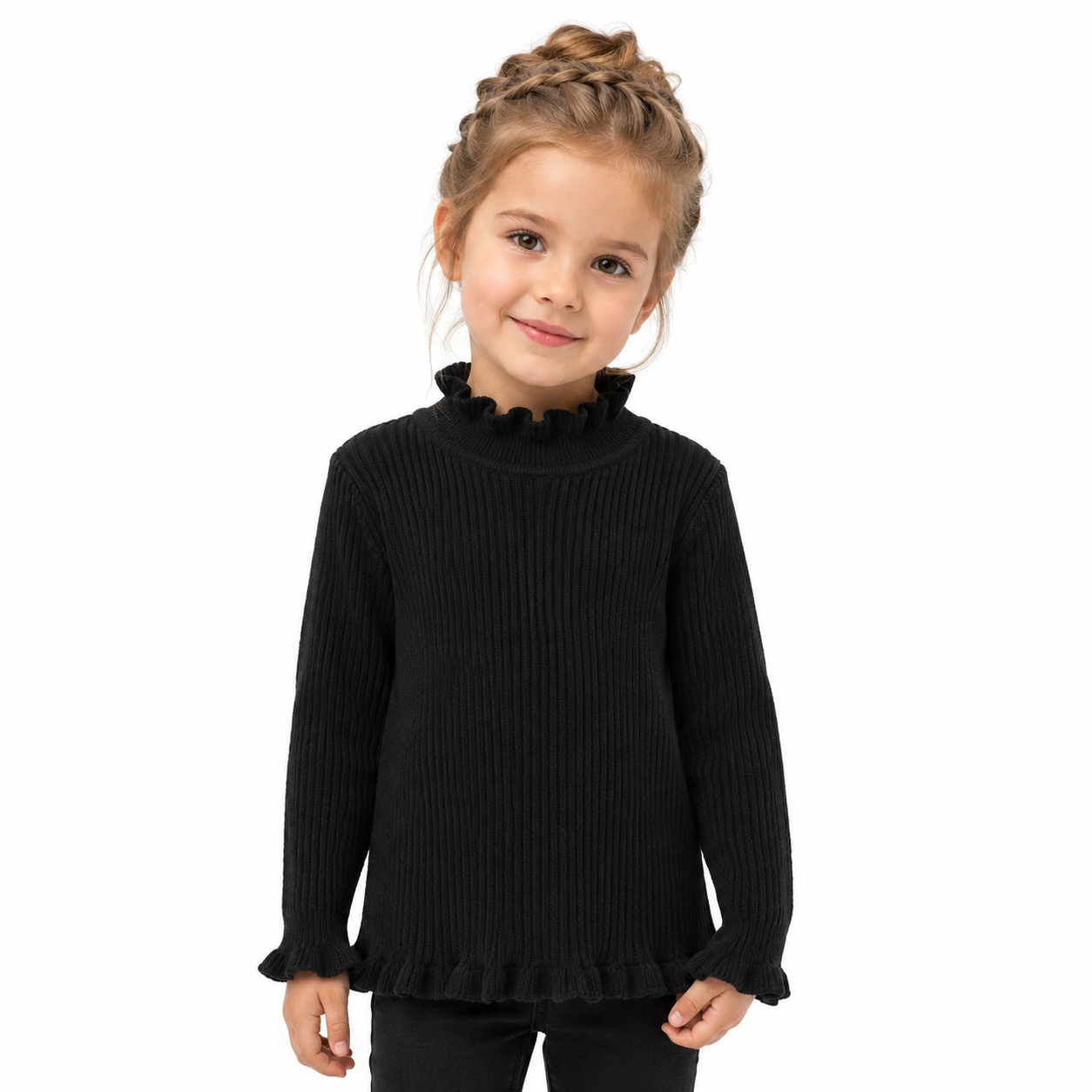 Girl model wearing the black ribbed long sleeve top with ruffle trim.