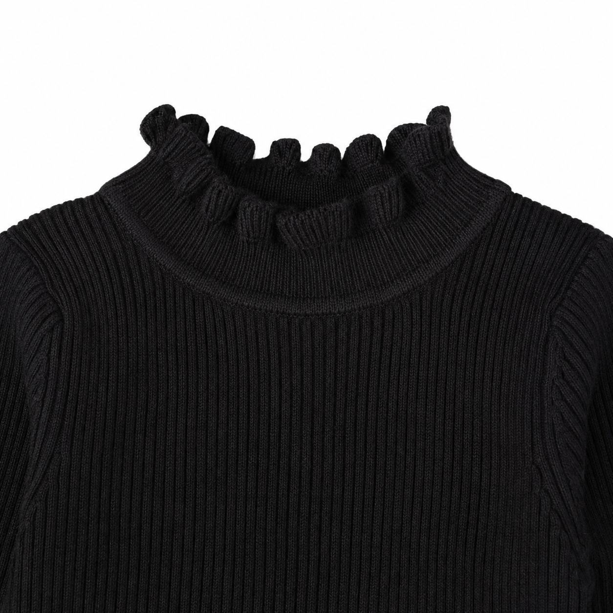 Close-up of the ruffle mock neck detail on the black girls long sleeve top.