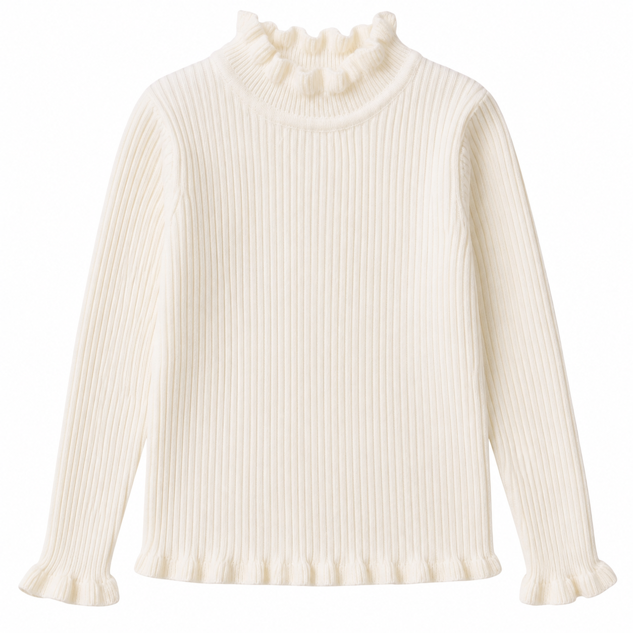 Front flat lay of the ivory girls ribbed long sleeve top with ruffle mock neck.