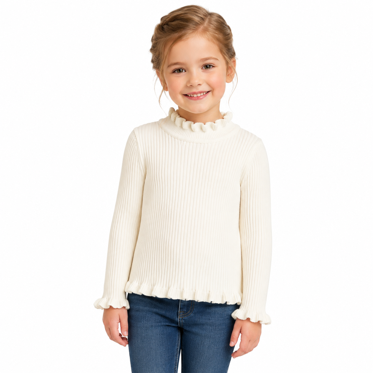 Girl model wearing the ivory ribbed long sleeve top with ruffle trim.