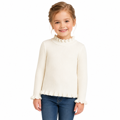 Girl model wearing the ivory ribbed long sleeve top with ruffle trim.