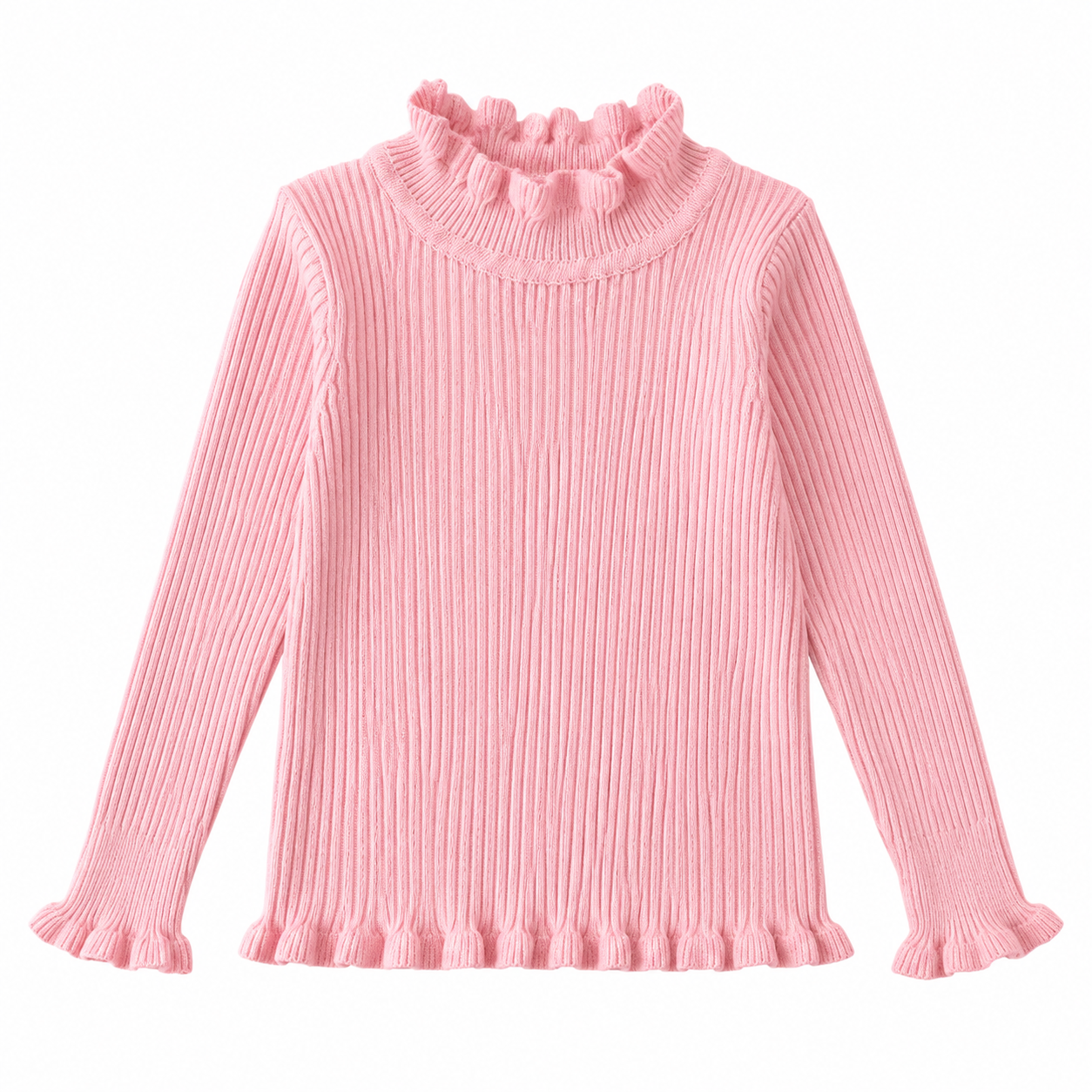 Front flat lay of the pink girls ribbed long sleeve top with ruffle mock neck.