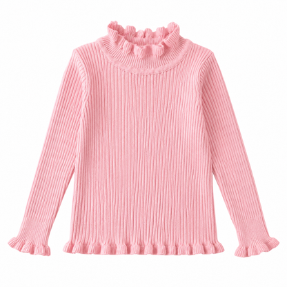 Front flat lay of the pink girls ribbed long sleeve top with ruffle mock neck.