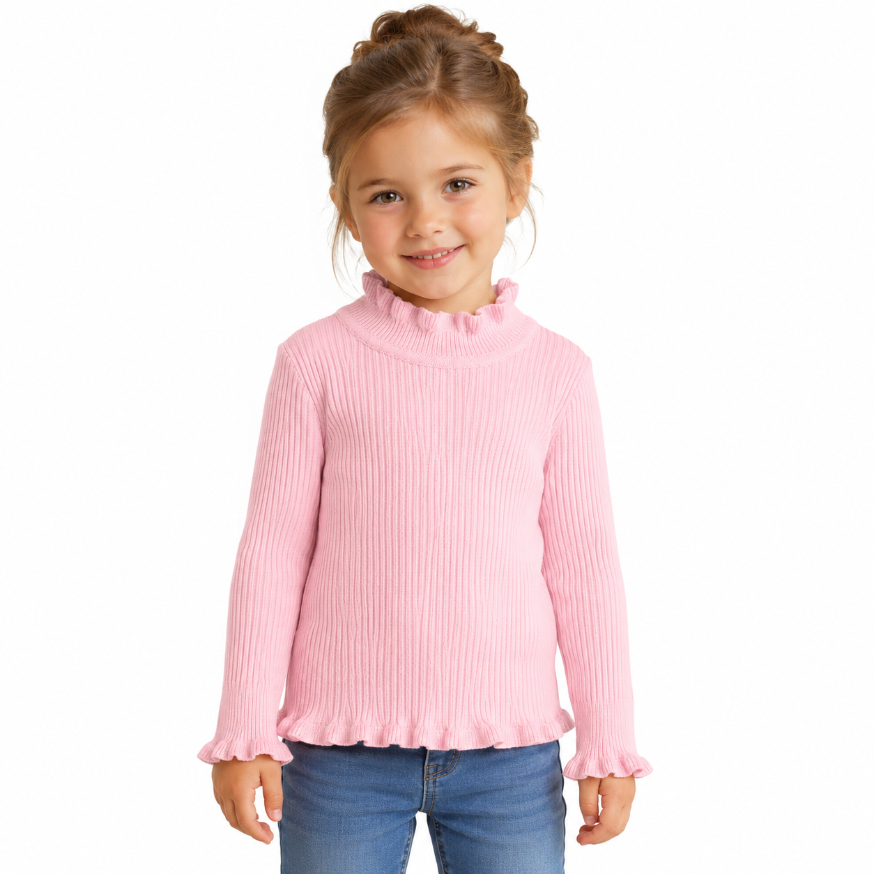 Girl model wearing the pink ribbed long sleeve top with ruffle trim.