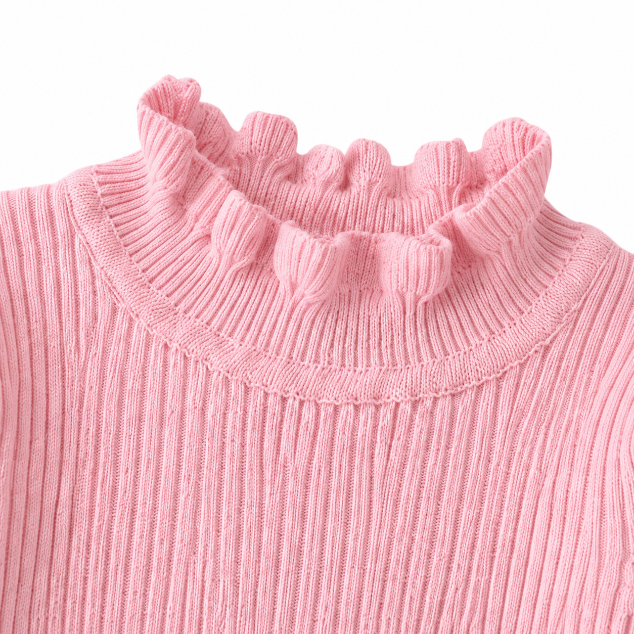 Close-up of the ruffle mock neck detail on the pink girls long sleeve top.