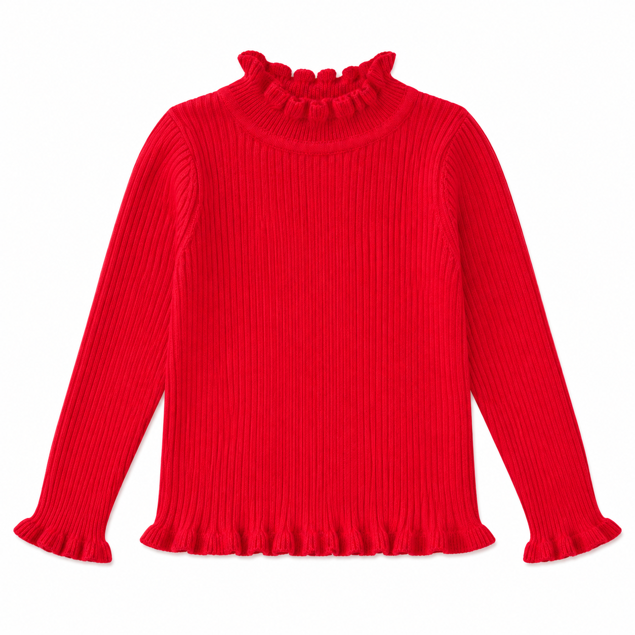 Front flat lay of the red girls ribbed long sleeve top with ruffle mock neck.