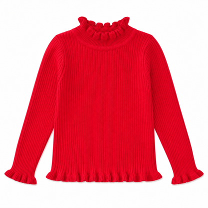 Front flat lay of the red girls ribbed long sleeve top with ruffle mock neck.