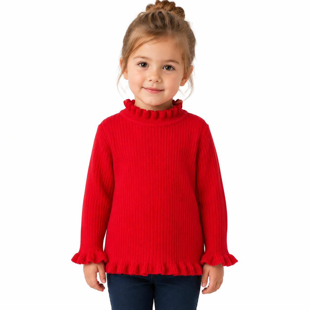 Girl model wearing the red ribbed long sleeve top with ruffle trim.
