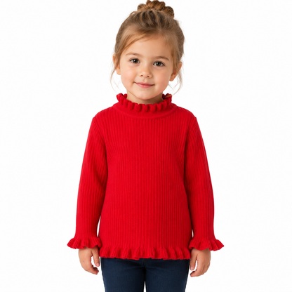 Girl model wearing the red ribbed long sleeve top with ruffle trim.
